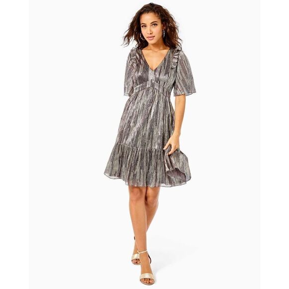 New Lilly Pulitzer Racheli Dress Gold Metallic Gold Metallic Rope Stripe Berry C - Picture 1 of 7